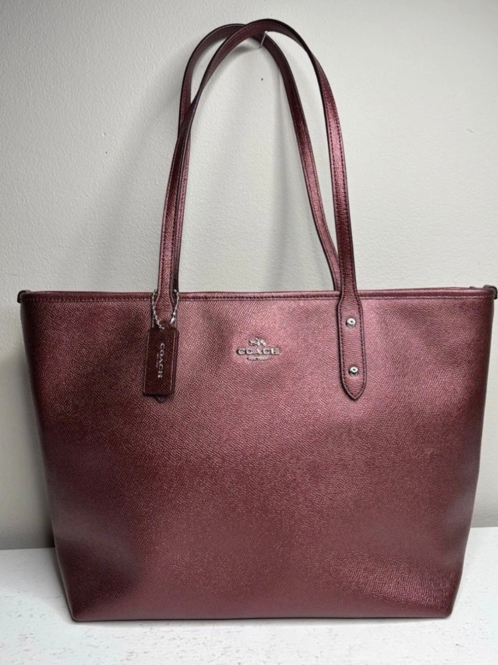 Coach Metallic Burgundy Leather Shoulder Tote